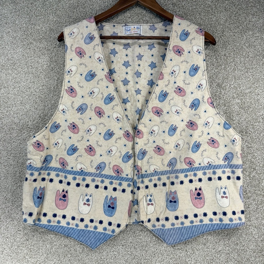 VTG Grannycore‎ Handmade Cat Vest Pink Blue Cotton Open Front Teacher Style OS